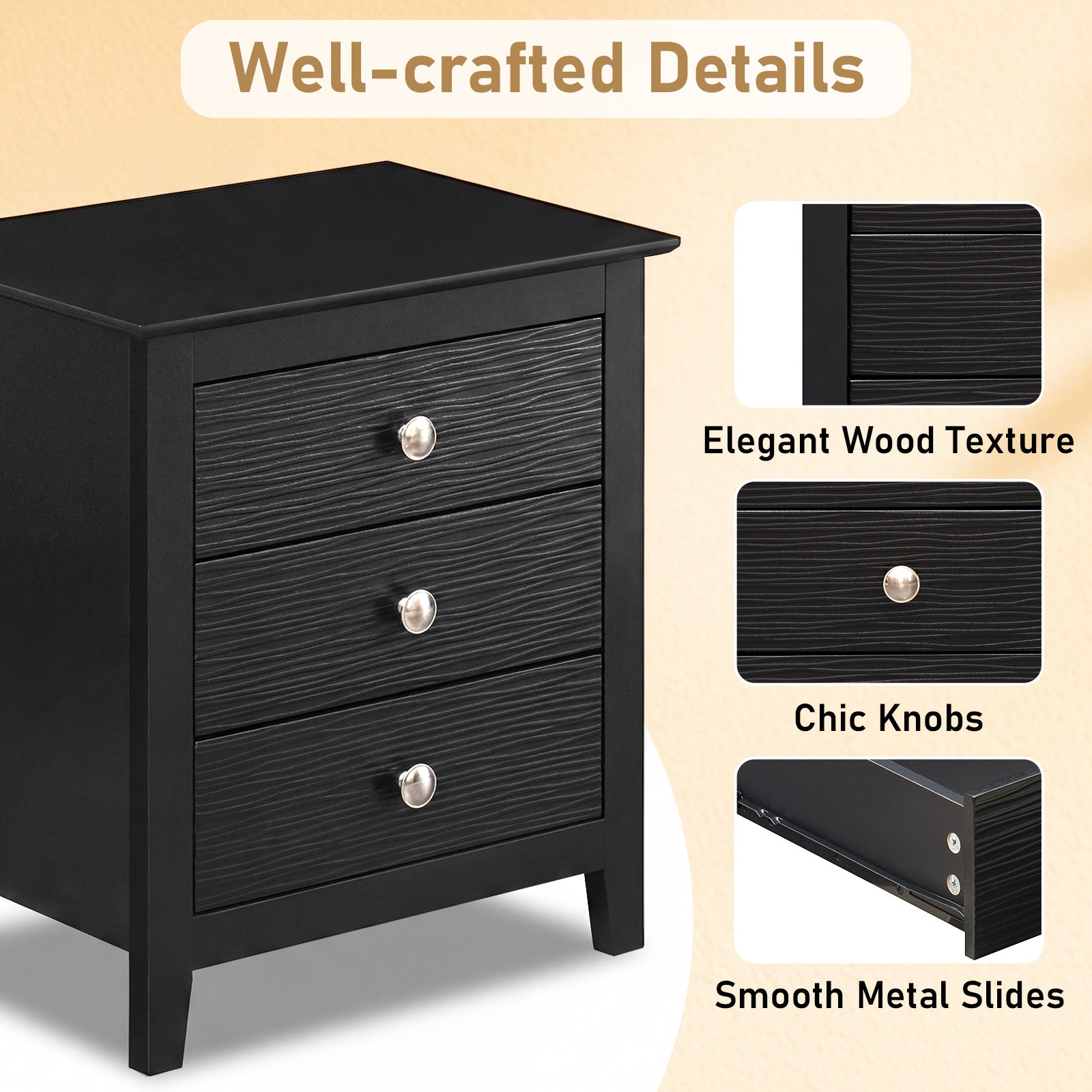 Modern Farmhouse 3-Drawer Nightstand, Wood Grain Accents, Black Nightstands at Gallery Canada