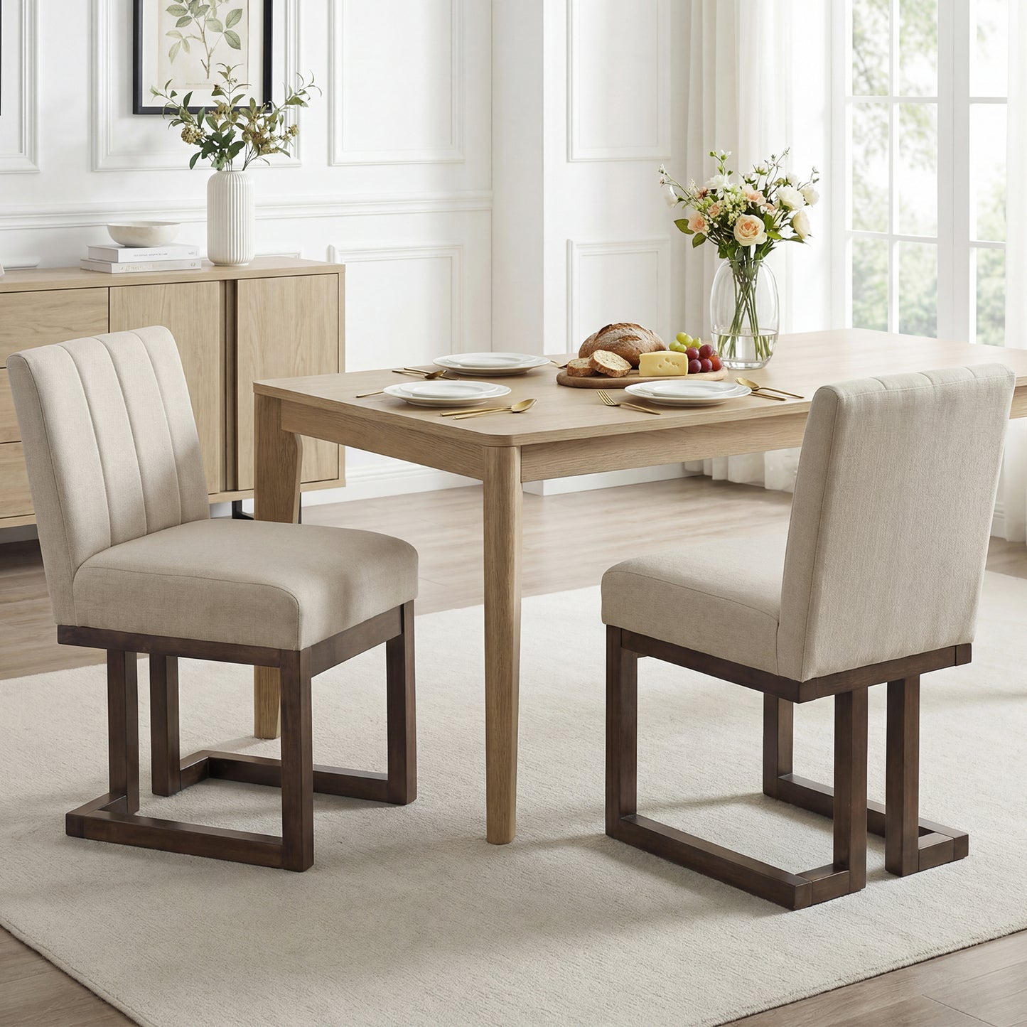 Modern Farmhouse Fabric Dining Chairs, Set of 2, 5.5" Thickened Padded Seat, Walnut Dining Chairs at Gallery Canada