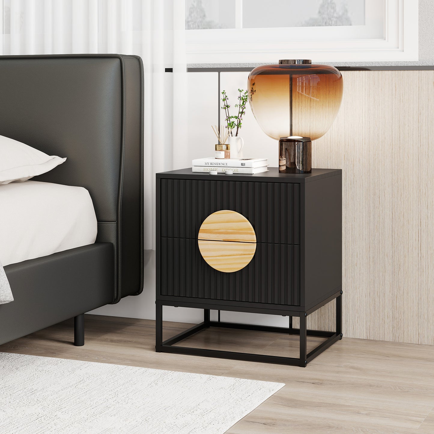 Modern Mid Century Fluted Nightstand with 2 Drawers and Pine Wood Handles for Bedroom, Black Nightstands at Gallery Canada
