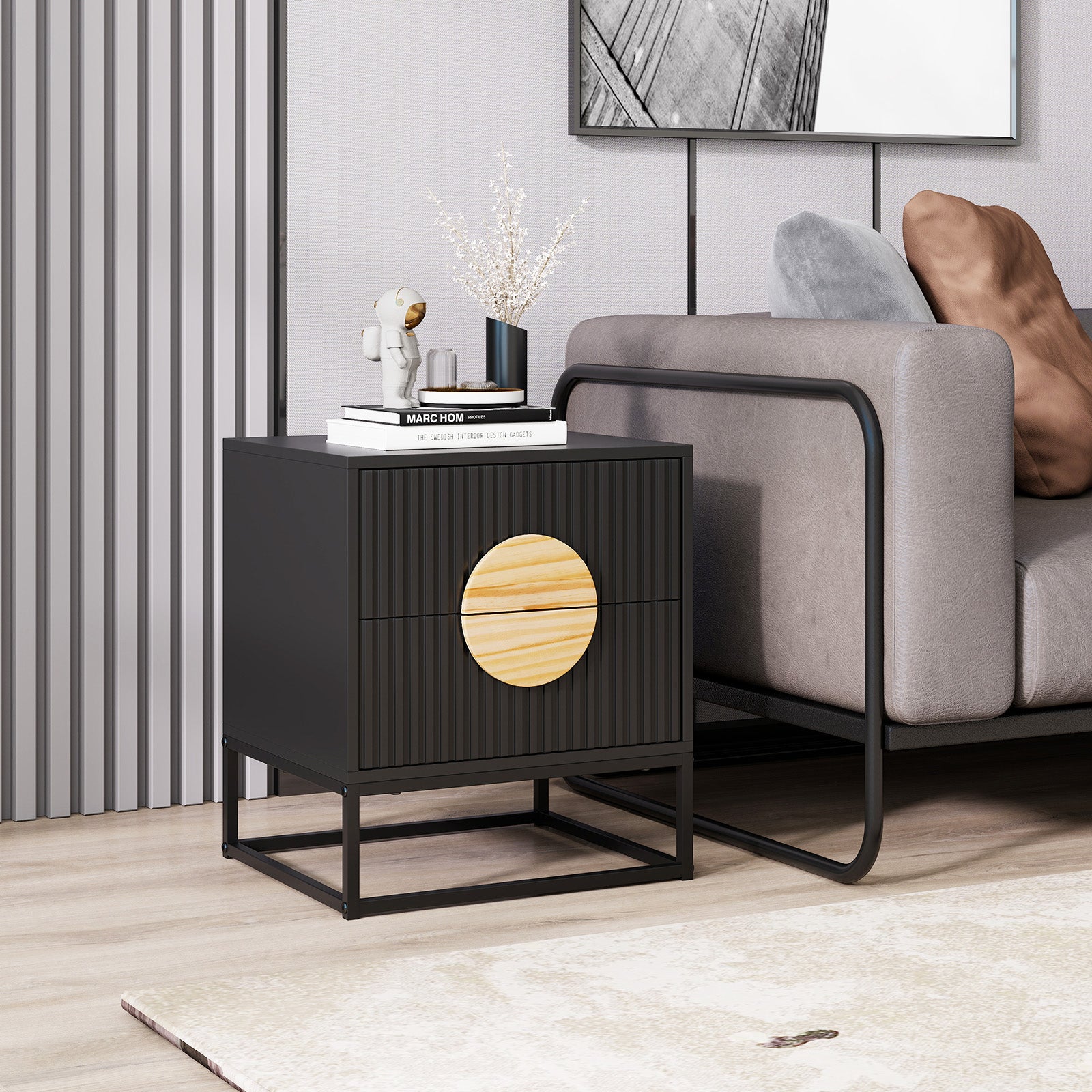 Modern Mid Century Fluted Nightstand with 2 Drawers and Pine Wood Handles for Bedroom, Black Nightstands at Gallery Canada