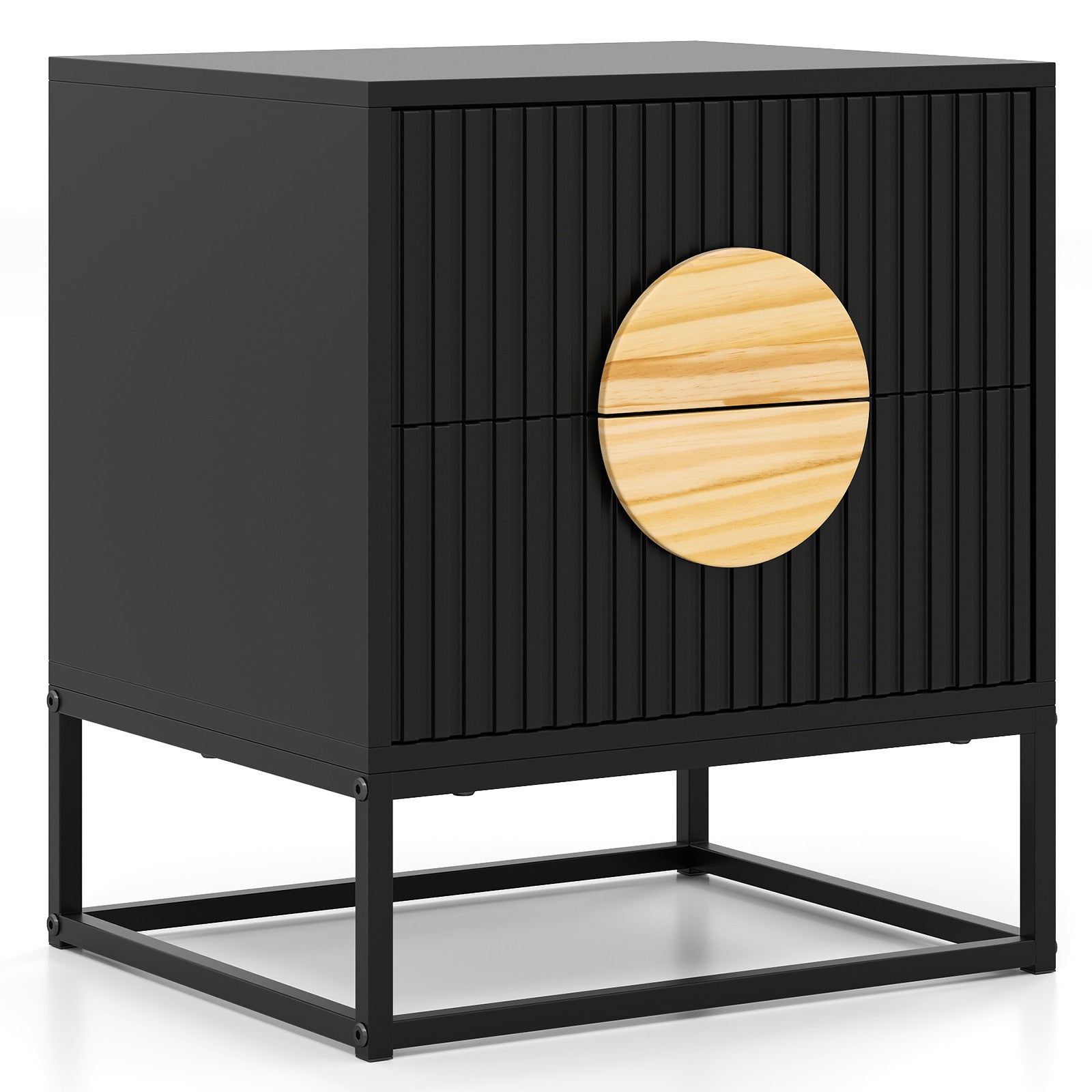 Modern Mid Century Fluted Nightstand with 2 Drawers and Pine Wood Handles for Bedroom, Black Nightstands Black at Gallery Canada