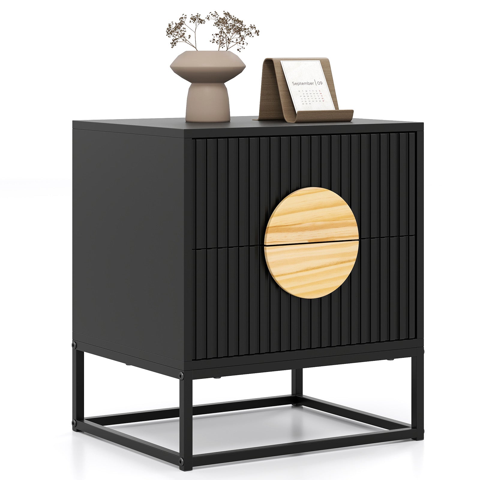 Modern Mid Century Fluted Nightstand with 2 Drawers and Pine Wood Handles for Bedroom, Black Nightstands at Gallery Canada