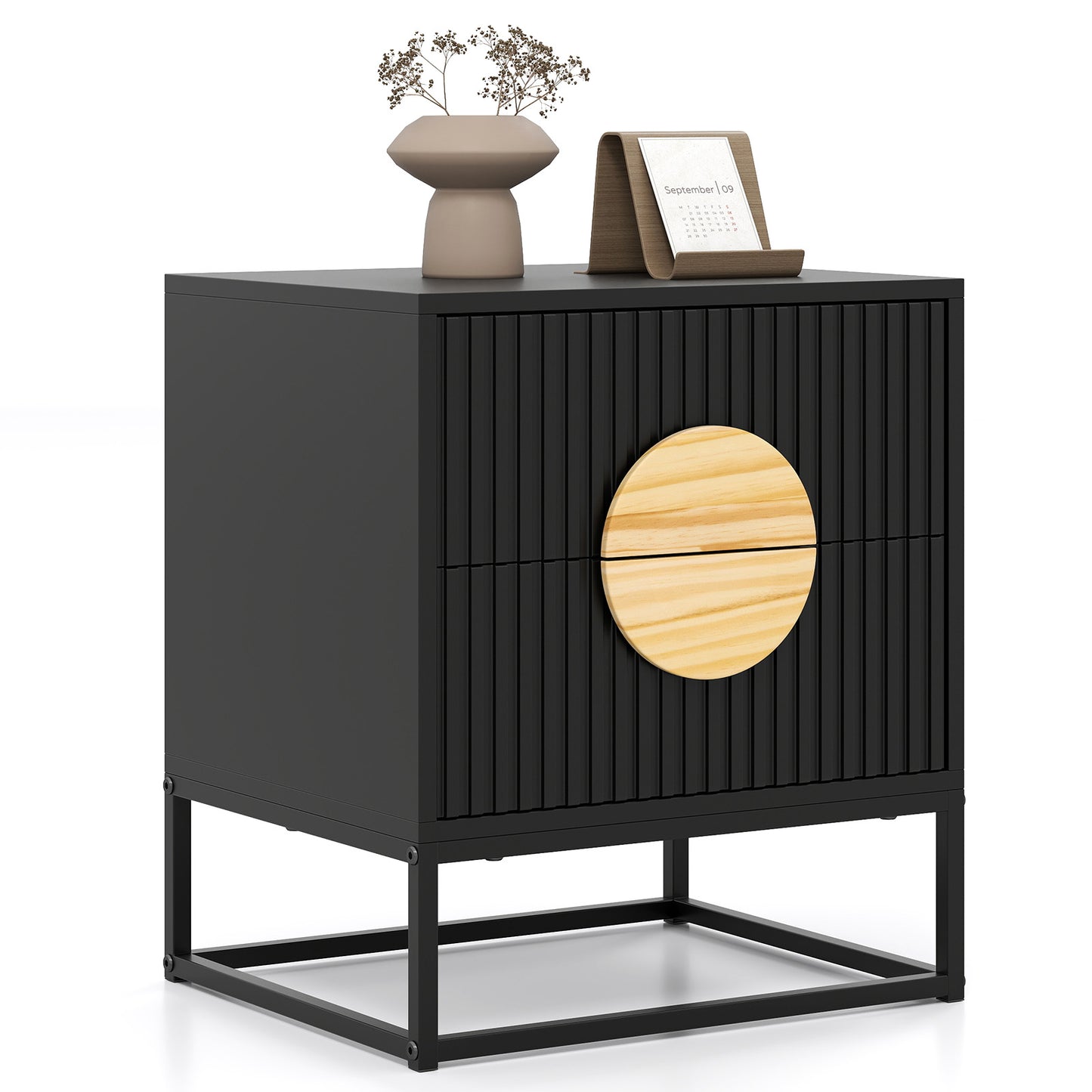 Modern Mid Century Fluted Nightstand with 2 Drawers and Pine Wood Handles for Bedroom, Black Nightstands at Gallery Canada