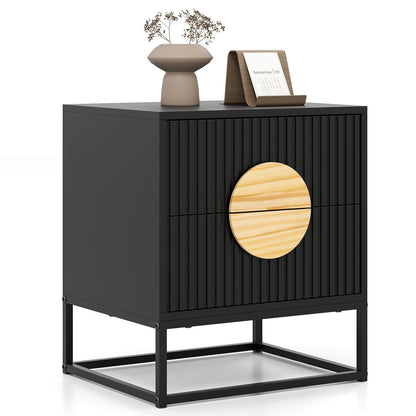Modern Mid Century Fluted Nightstand with 2 Drawers and Pine Wood Handles for Bedroom, Black Nightstands at Gallery Canada