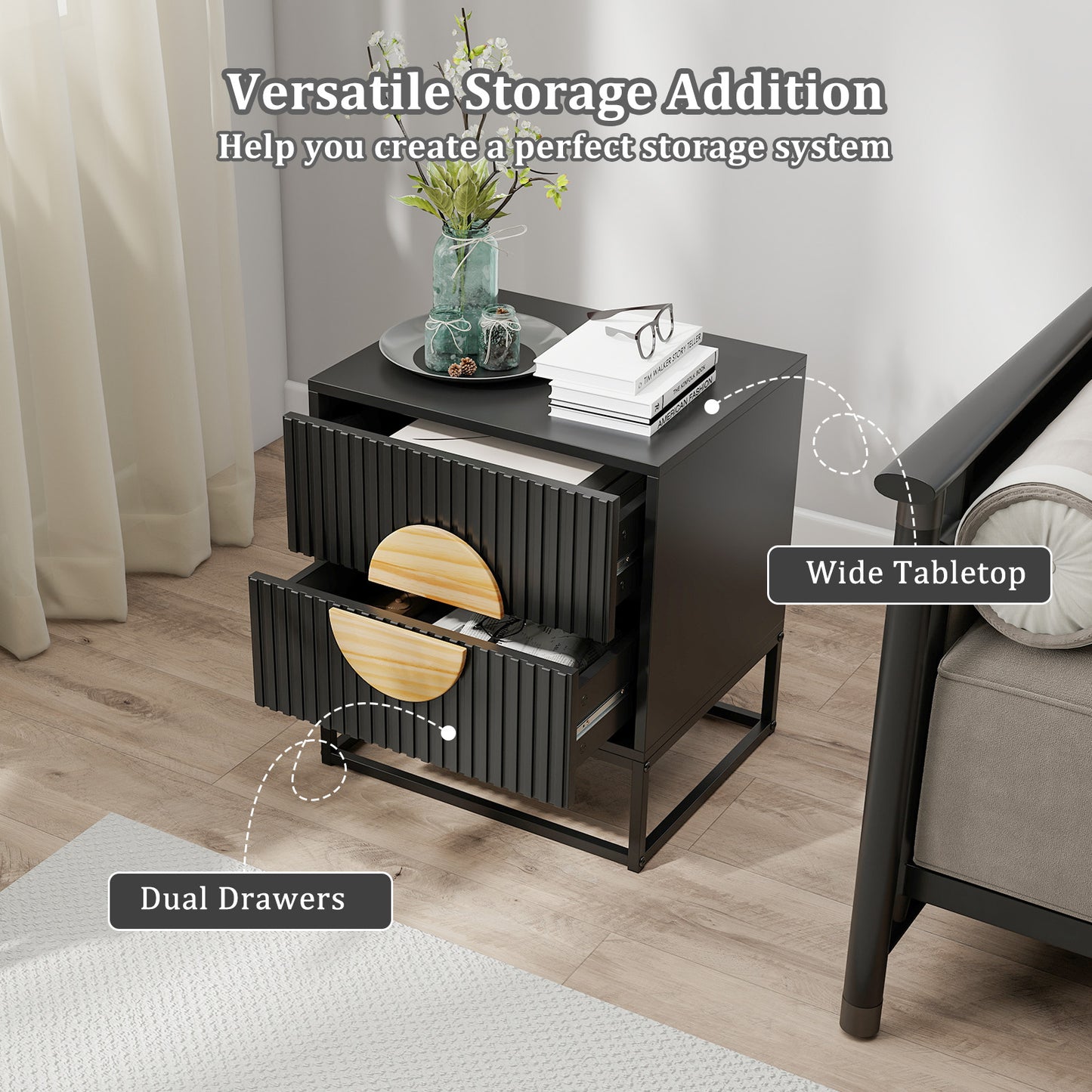 Modern Mid Century Fluted Nightstand with 2 Drawers and Pine Wood Handles for Bedroom, Black Nightstands at Gallery Canada