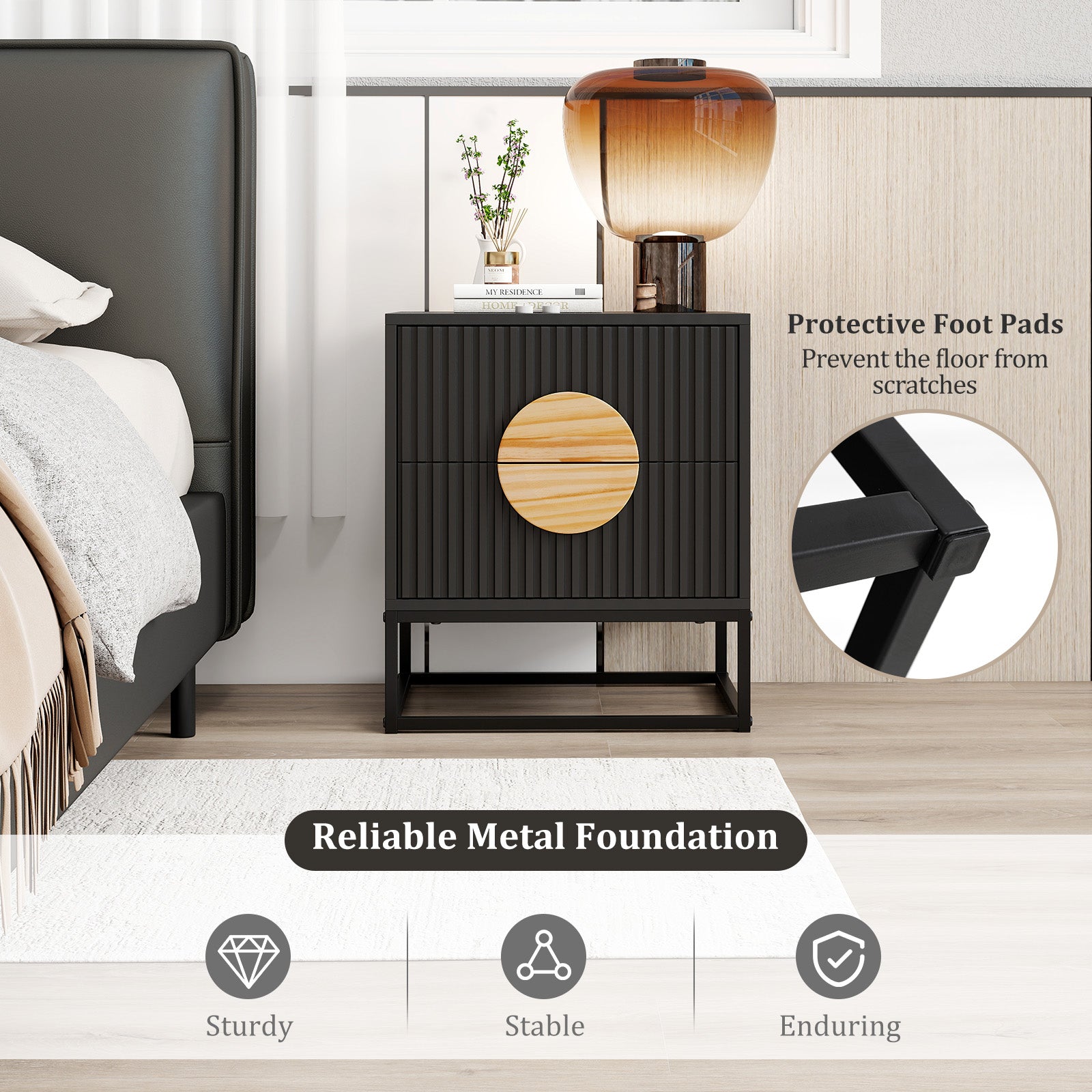 Modern Mid Century Fluted Nightstand with 2 Drawers and Pine Wood Handles for Bedroom, Black Nightstands at Gallery Canada