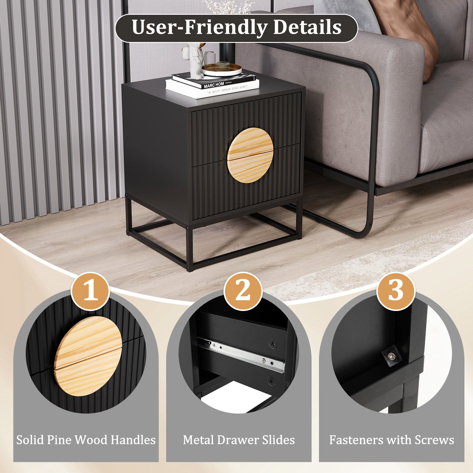 Modern Mid Century Fluted Nightstand with 2 Drawers and Pine Wood Handles for Bedroom, Black Nightstands at Gallery Canada
