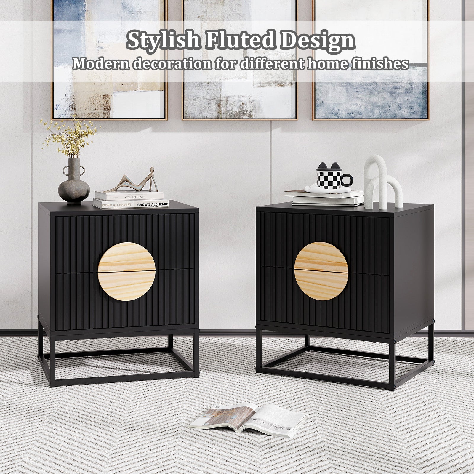 Modern Mid Century Fluted Nightstand with 2 Drawers and Pine Wood Handles for Bedroom, Black Nightstands at Gallery Canada