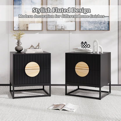 Modern Mid Century Fluted Nightstand with 2 Drawers and Pine Wood Handles for Bedroom, Black Nightstands at Gallery Canada