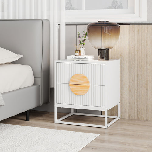 Modern Mid Century Fluted Nightstand with 2 Drawers and Pine Wood Handles for Bedroom, White