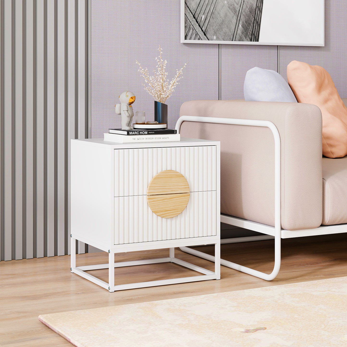 Modern Mid Century Fluted Nightstand with 2 Drawers and Pine Wood Handles for Bedroom, White Nightstands at Gallery Canada