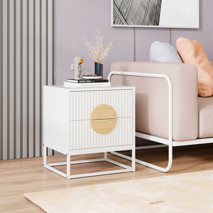 Modern Mid Century Fluted Nightstand with 2 Drawers and Pine Wood Handles for Bedroom, White Nightstands at Gallery Canada
