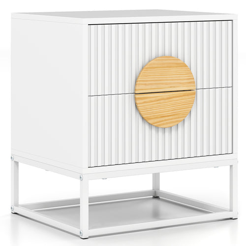 Modern Mid Century Fluted Nightstand with 2 Drawers and Pine Wood Handles for Bedroom, White