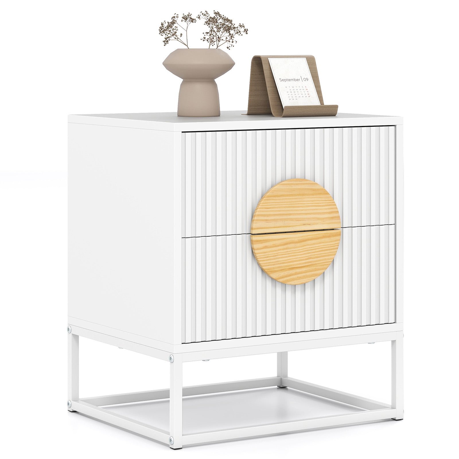 Modern Mid Century Fluted Nightstand with 2 Drawers and Pine Wood Handles for Bedroom, White Nightstands at Gallery Canada