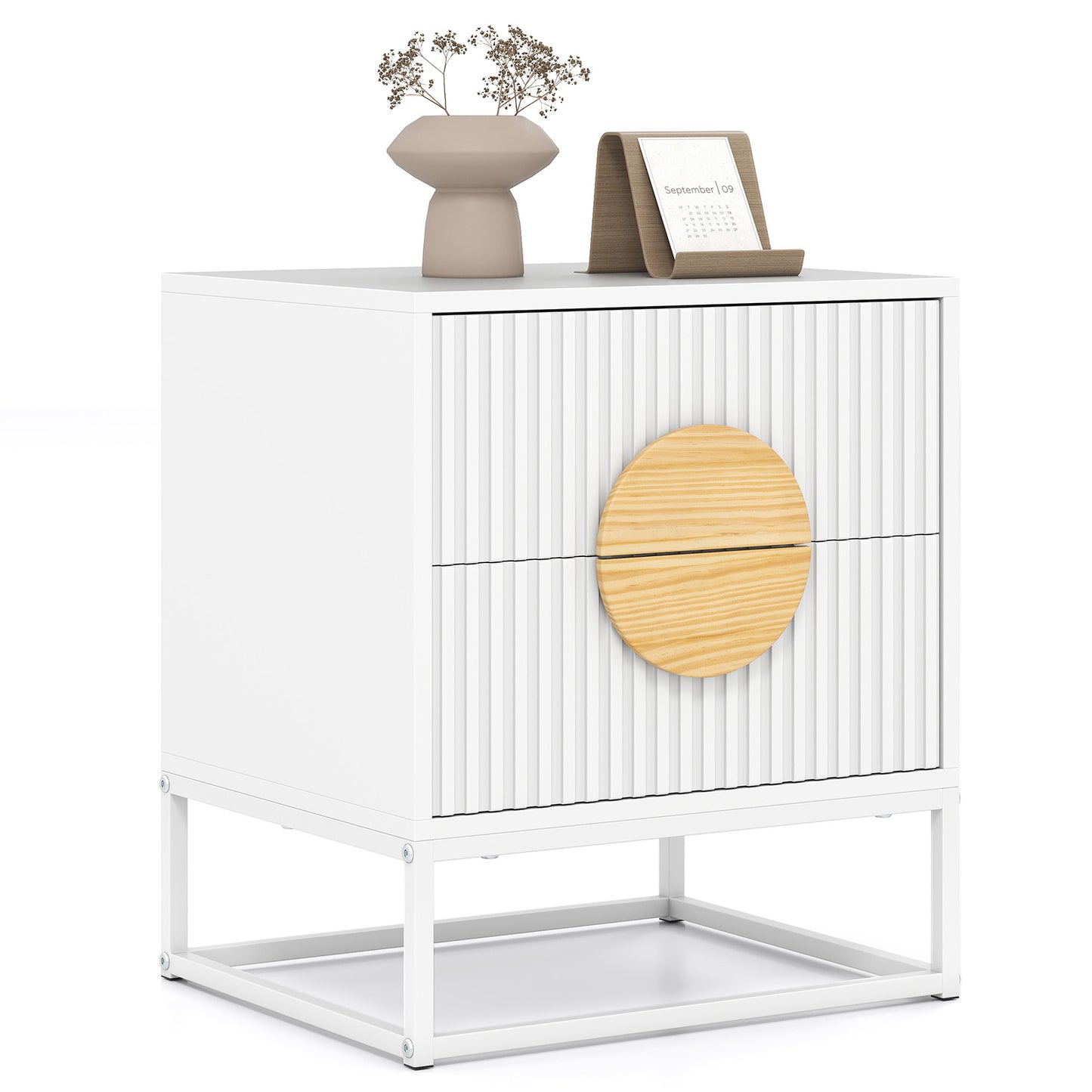 Modern Mid Century Fluted Nightstand with 2 Drawers and Pine Wood Handles for Bedroom, White Nightstands at Gallery Canada