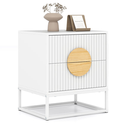 Modern Mid Century Fluted Nightstand with 2 Drawers and Pine Wood Handles for Bedroom, White Nightstands at Gallery Canada