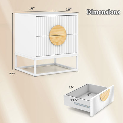 Modern Mid Century Fluted Nightstand with 2 Drawers and Pine Wood Handles for Bedroom, White Nightstands at Gallery Canada