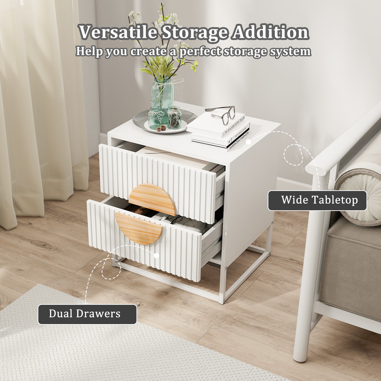 Modern Mid Century Fluted Nightstand with 2 Drawers and Pine Wood Handles for Bedroom, White Nightstands at Gallery Canada