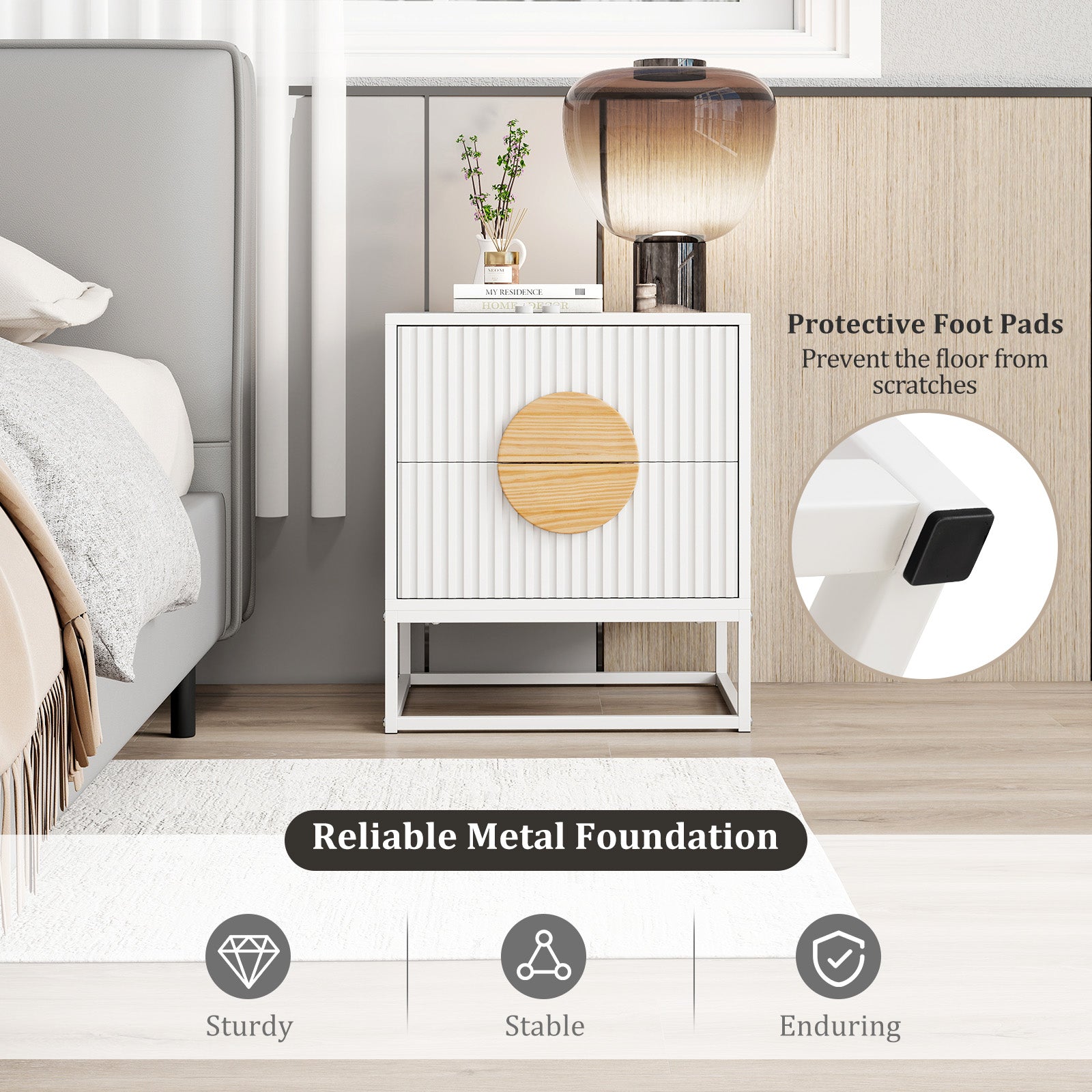 Modern Mid Century Fluted Nightstand with 2 Drawers and Pine Wood Handles for Bedroom, White Nightstands at Gallery Canada