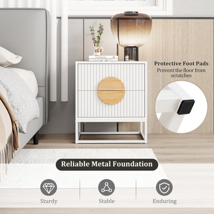 Modern Mid Century Fluted Nightstand with 2 Drawers and Pine Wood Handles for Bedroom, White Nightstands at Gallery Canada