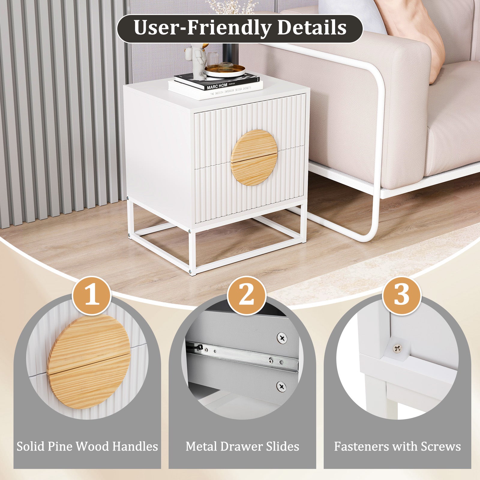 Modern Mid Century Fluted Nightstand with 2 Drawers and Pine Wood Handles for Bedroom, White Nightstands at Gallery Canada