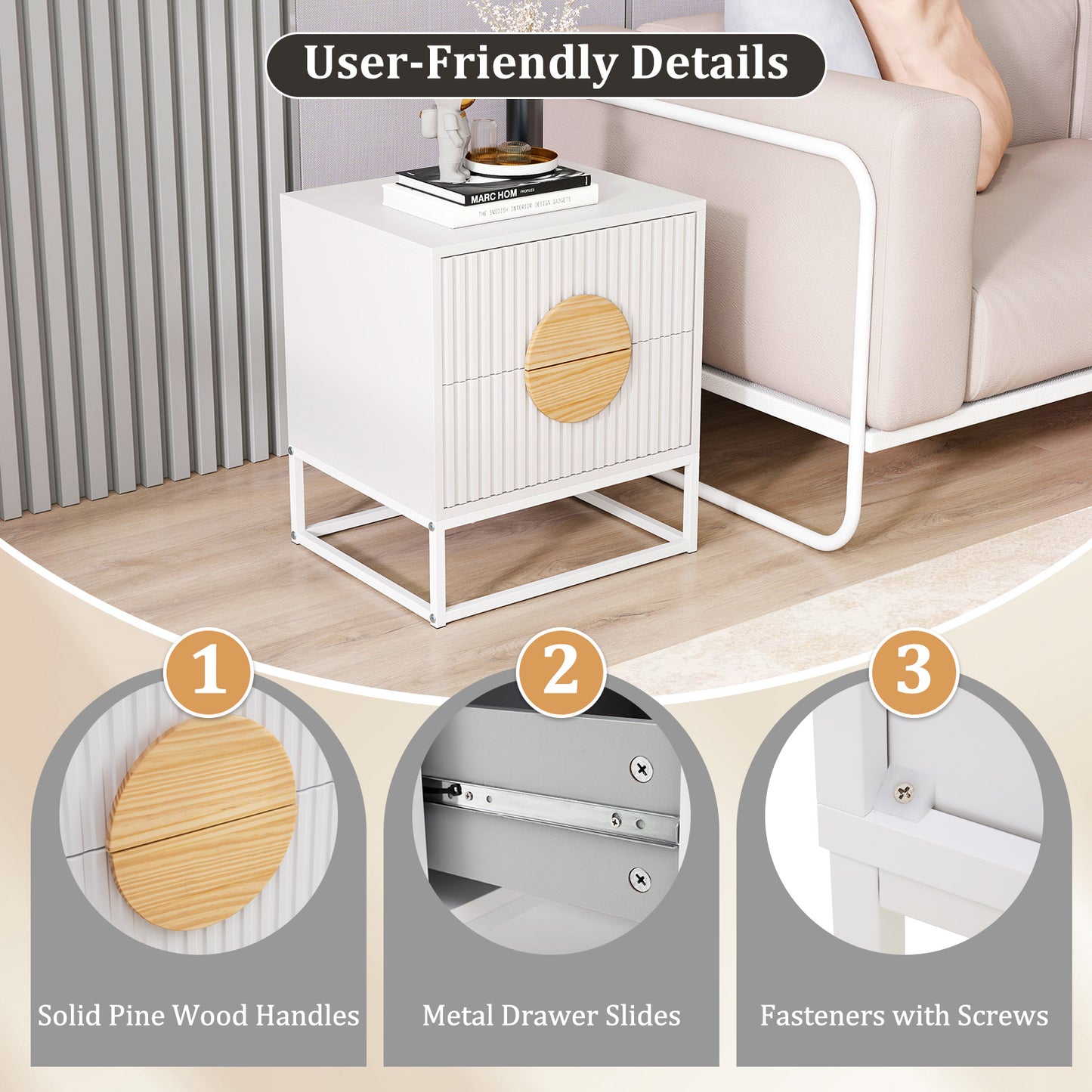 Modern Mid Century Fluted Nightstand with 2 Drawers and Pine Wood Handles for Bedroom, White Nightstands at Gallery Canada