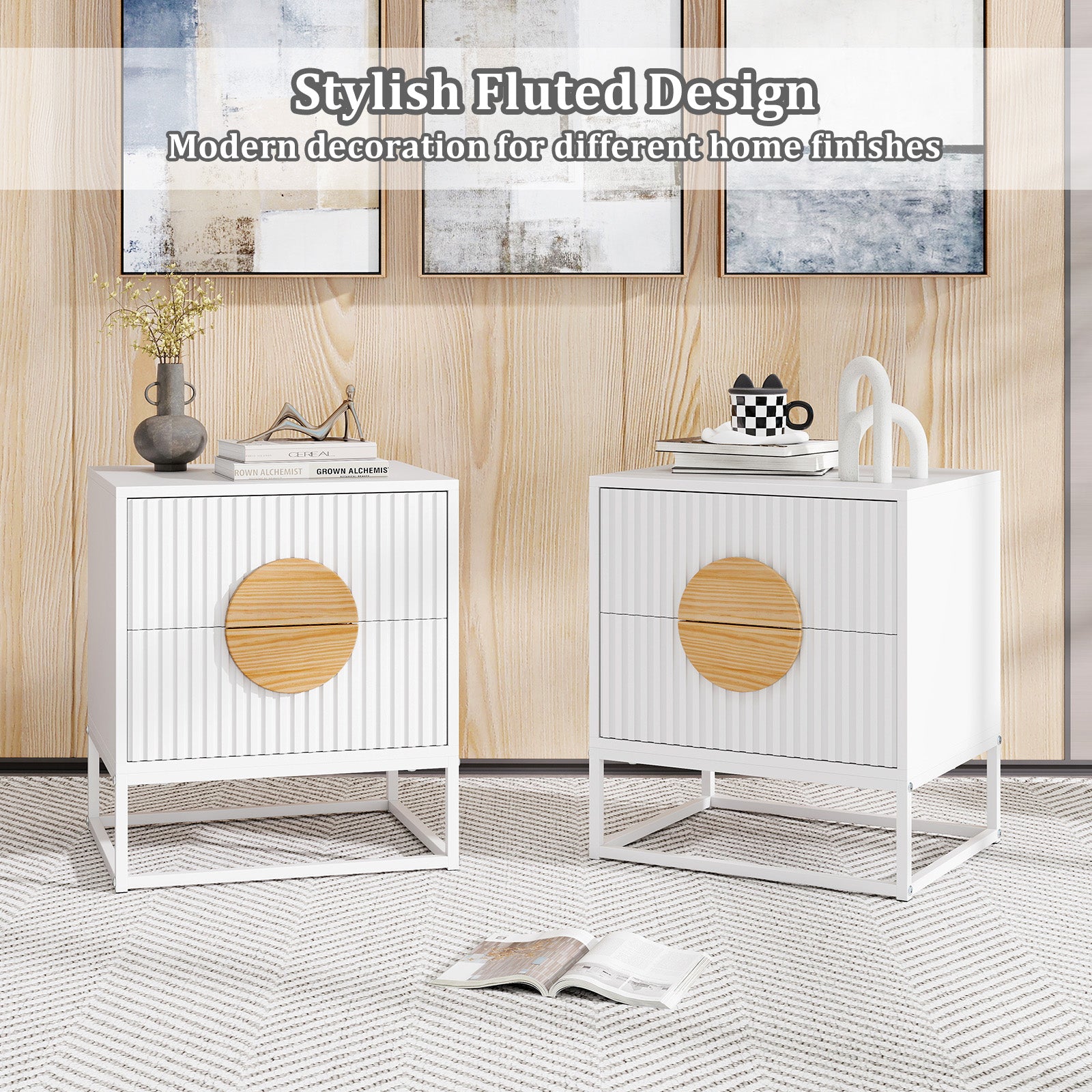 Modern Mid Century Fluted Nightstand with 2 Drawers and Pine Wood Handles for Bedroom, White Nightstands at Gallery Canada