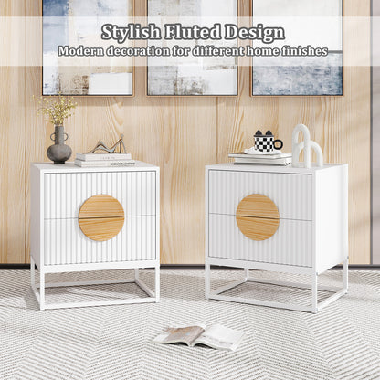 Modern Mid Century Fluted Nightstand with 2 Drawers and Pine Wood Handles for Bedroom, White Nightstands at Gallery Canada