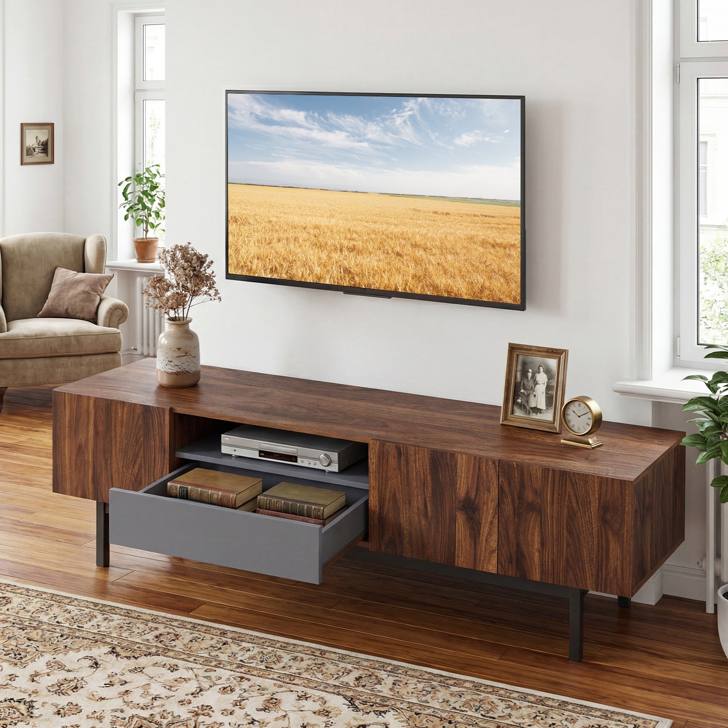 Modern Mid Century TV Cabinetfor TVs up to 82" with Drawer, Walnut Entertainment Centers & TV Stands at Gallery Canada