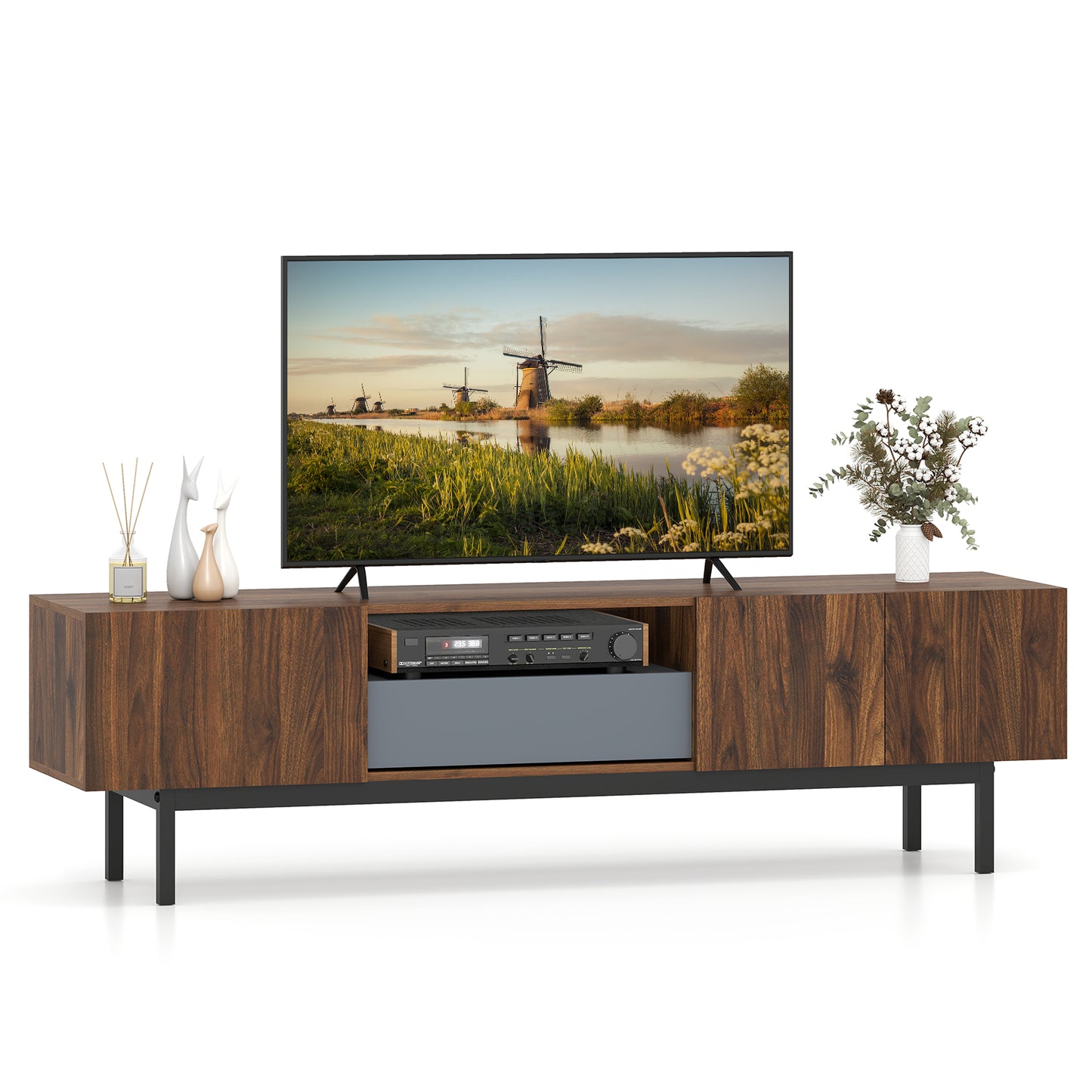 Modern Mid Century TV Cabinetfor TVs up to 82" with Drawer, Walnut Entertainment Centers & TV Stands Walnut at Gallery Canada