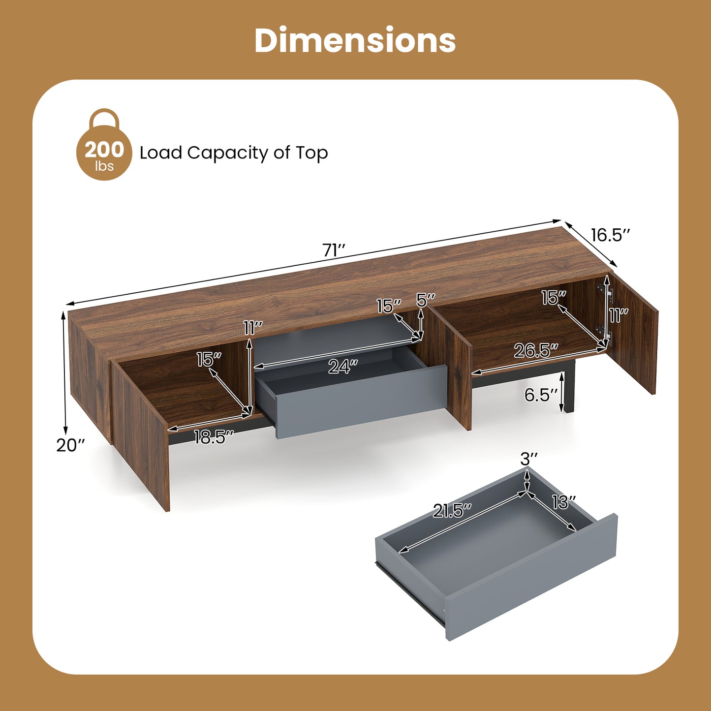 Modern Mid Century TV Cabinetfor TVs up to 82" with Drawer, Walnut Entertainment Centers & TV Stands at Gallery Canada