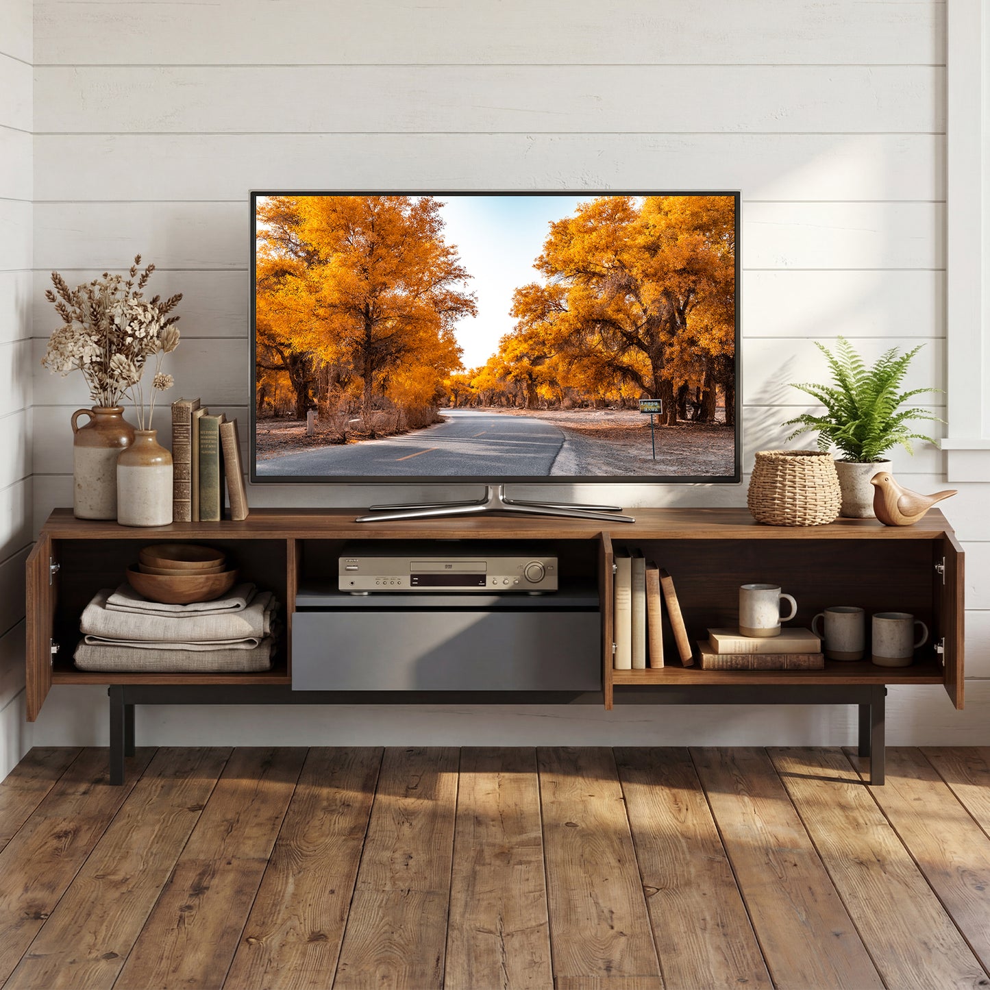 Modern Mid Century TV Cabinetfor TVs up to 82" with Drawer, Walnut Entertainment Centers & TV Stands at Gallery Canada