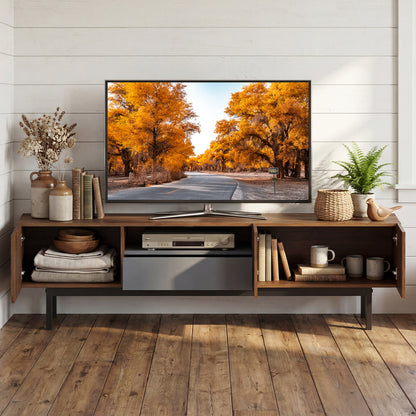 Modern Mid Century TV Cabinetfor TVs up to 82" with Drawer, Walnut Entertainment Centers & TV Stands at Gallery Canada