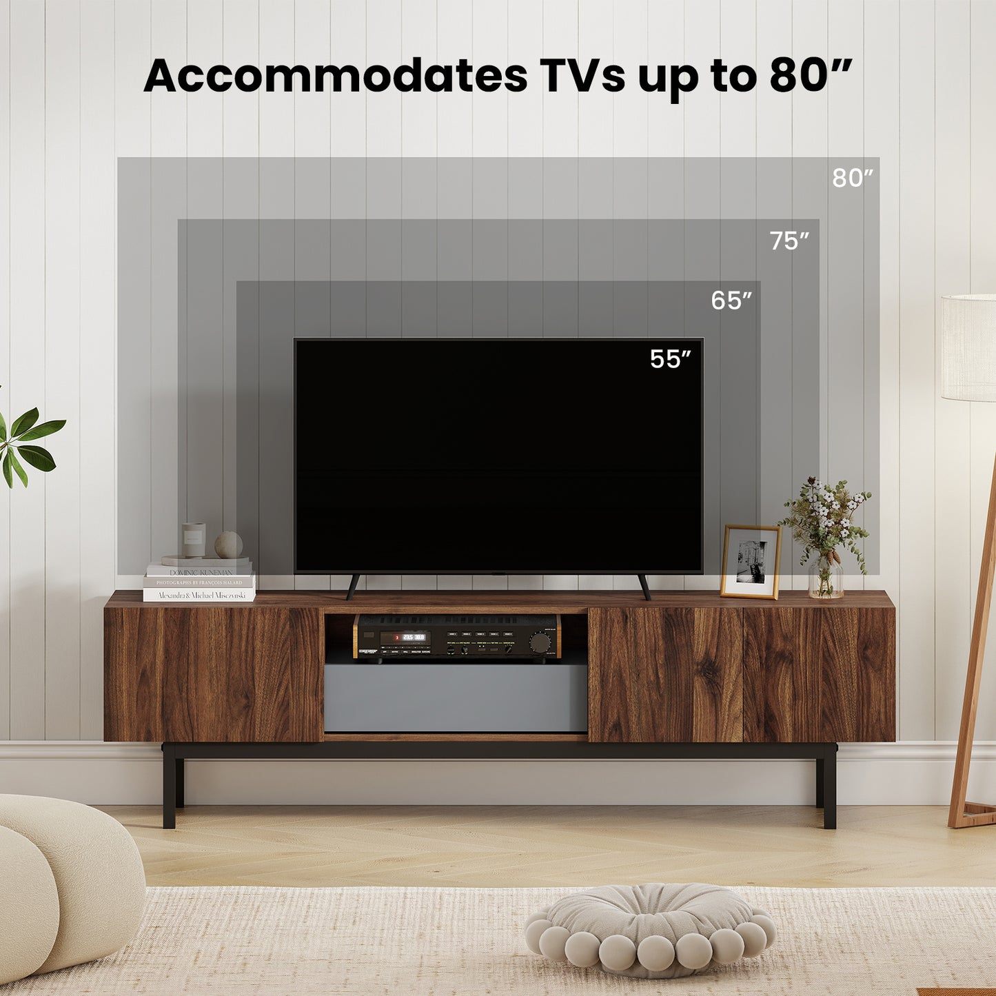 Modern Mid Century TV Cabinetfor TVs up to 82" with Drawer, Walnut Entertainment Centers & TV Stands at Gallery Canada
