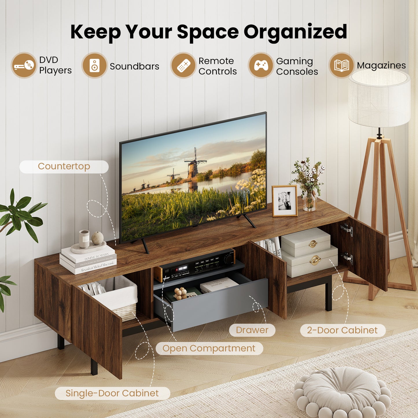 Modern Mid Century TV Cabinetfor TVs up to 82" with Drawer, Walnut Entertainment Centers & TV Stands at Gallery Canada