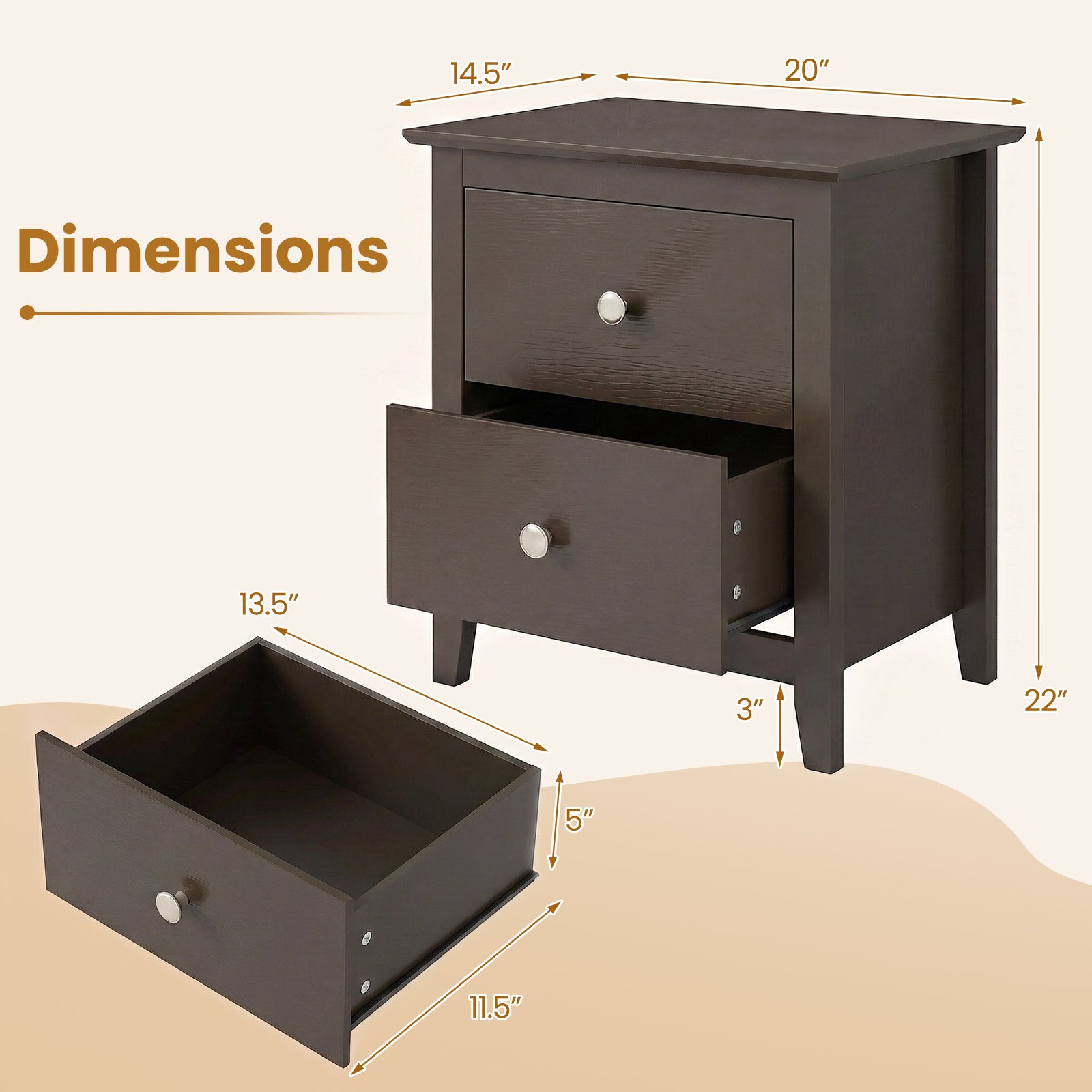 Modern Nightstand, 2 Drawers Brown Nightstands at Gallery Canada