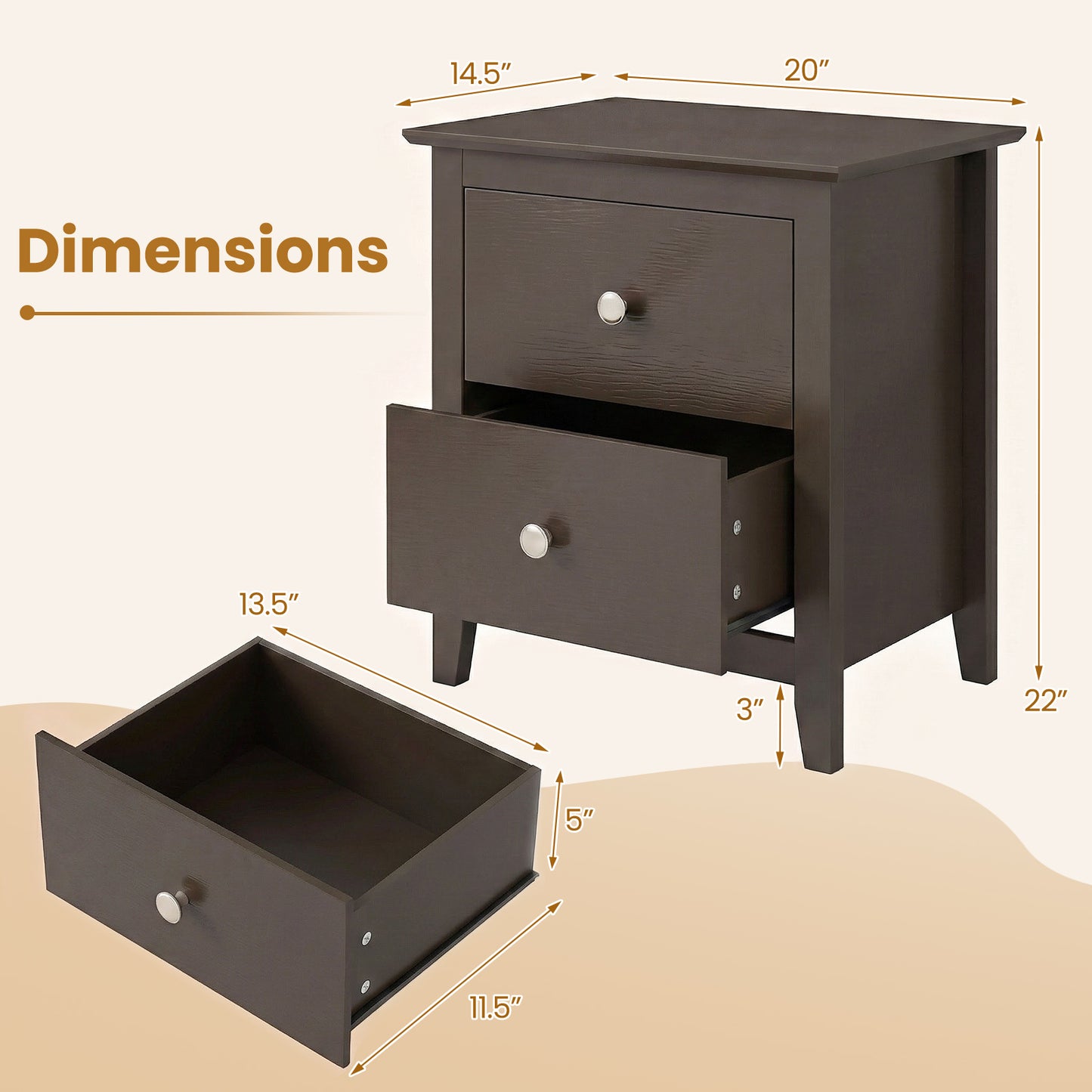 Modern Nightstand, 2 Drawers Brown Nightstands at Gallery Canada