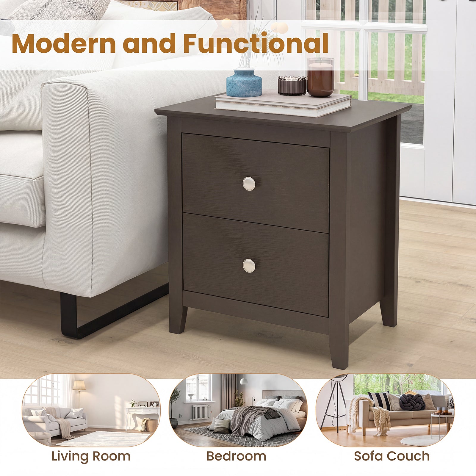 Modern Nightstand, 2 Drawers Brown Nightstands at Gallery Canada