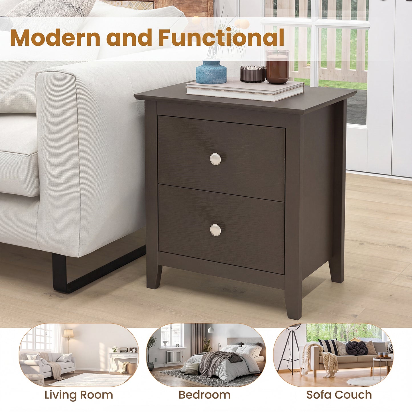 Modern Nightstand, 2 Drawers Brown Nightstands at Gallery Canada