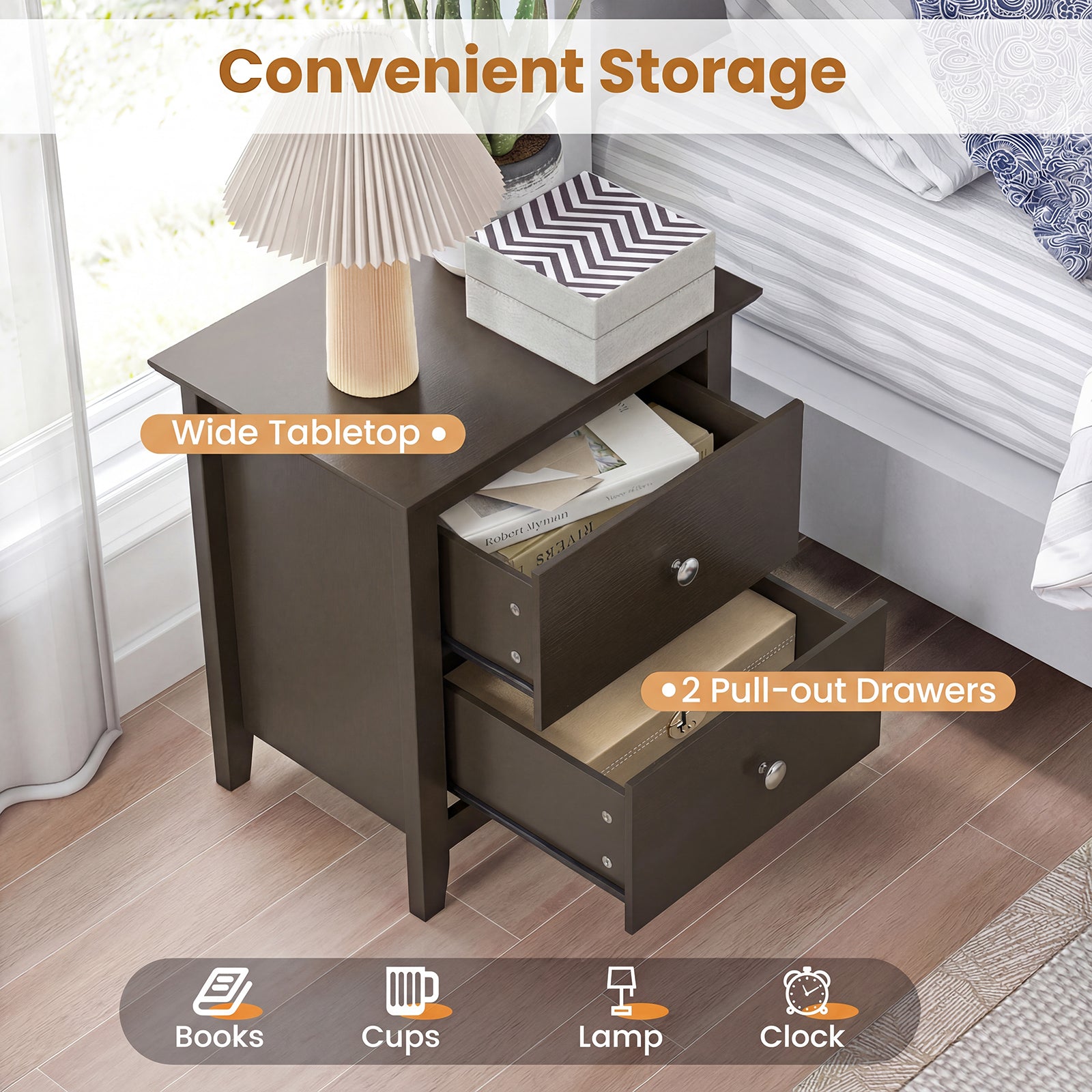 Modern Nightstand, 2 Drawers Brown Nightstands at Gallery Canada