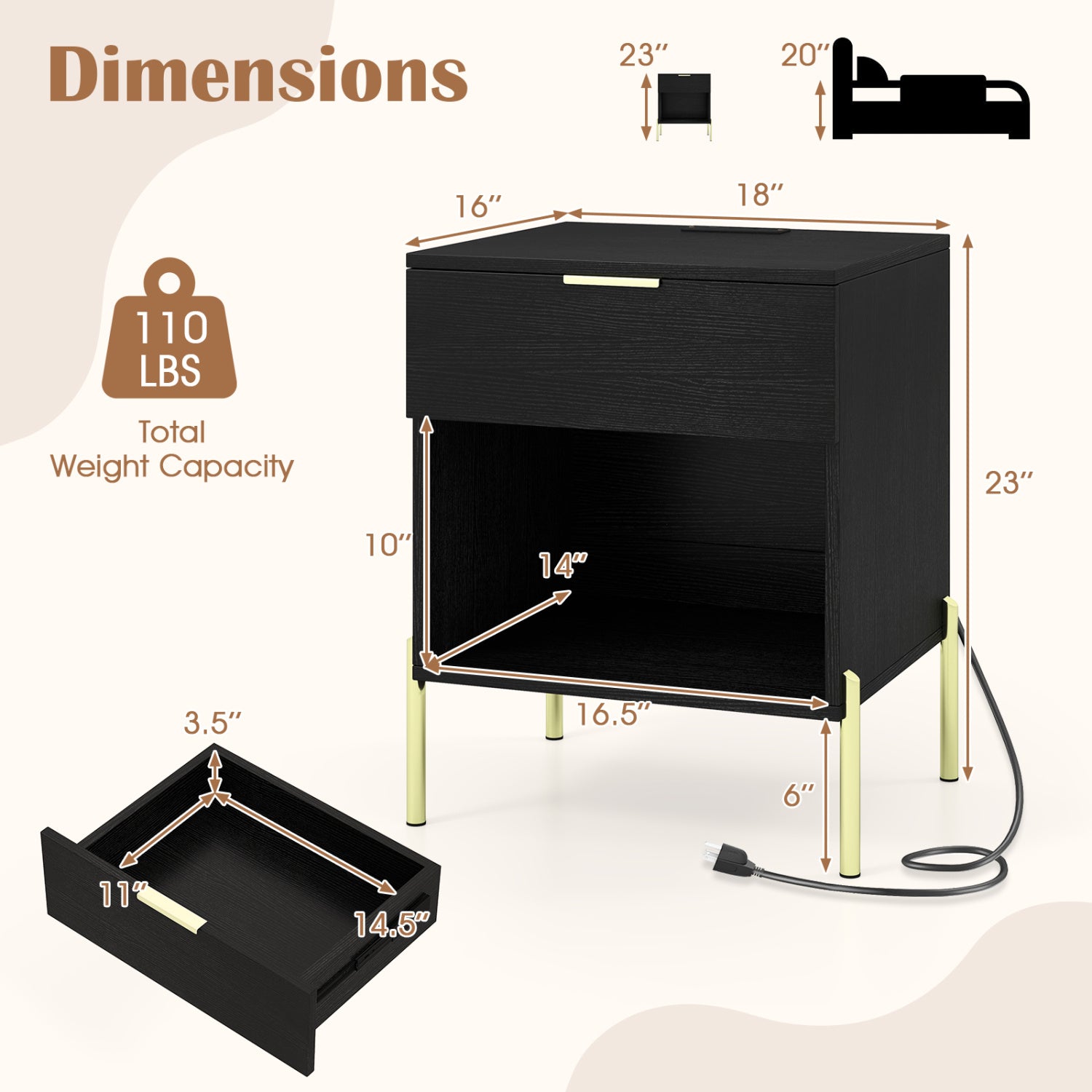 Modern Nightstand with Charging Station, Black Nightstands at Gallery Canada