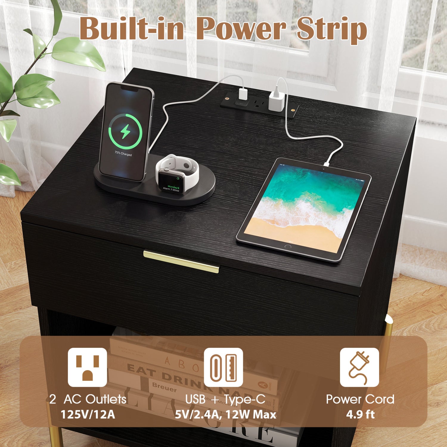 Modern Nightstand with Charging Station, Black Nightstands at Gallery Canada