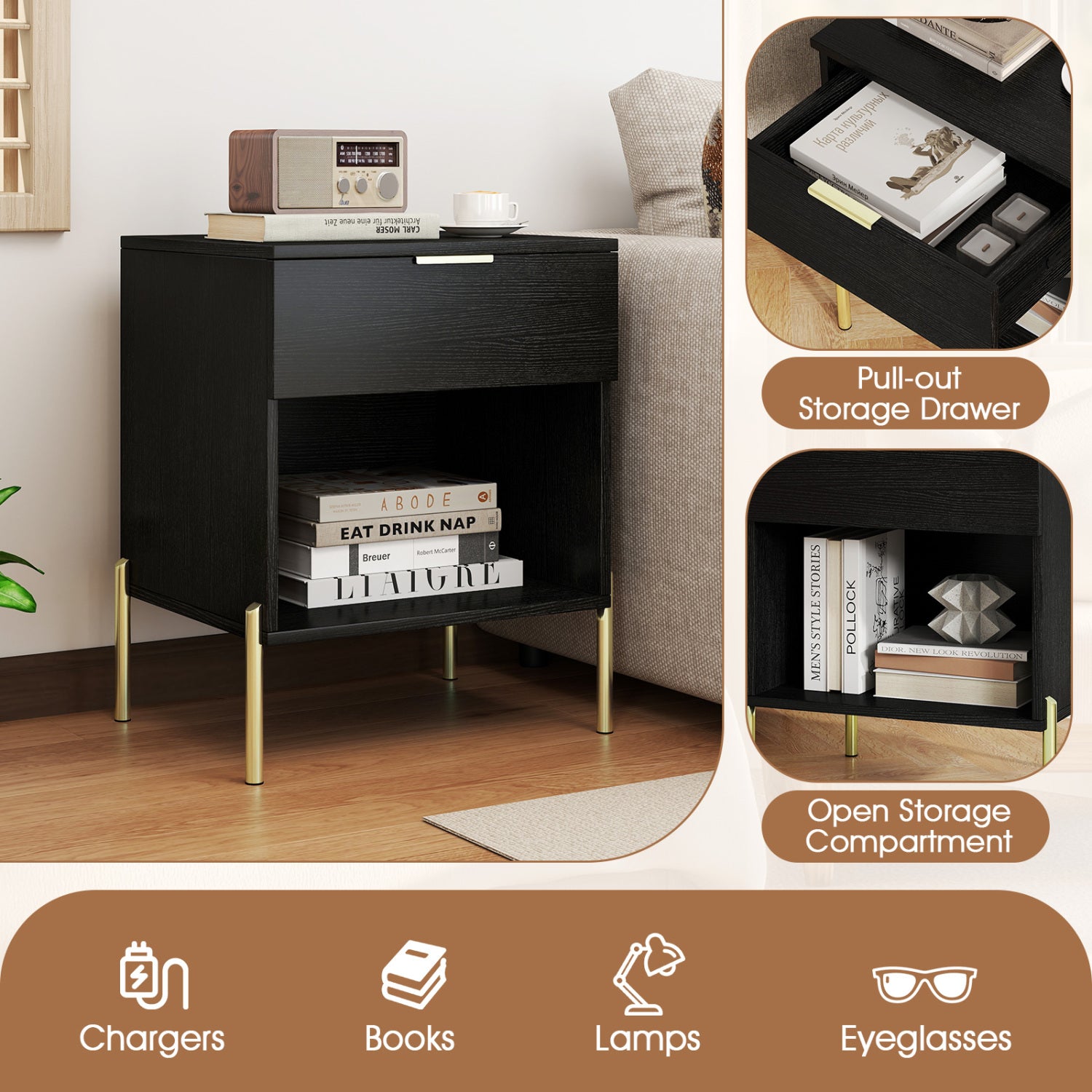 Modern Nightstand with Charging Station, Black Nightstands at Gallery Canada