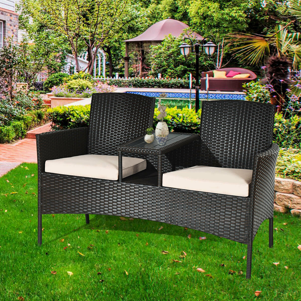 Modern Patio Conversation Set, Built-In Coffee Table, Cushions, Beige Patio Conversation Sets at Gallery Canada