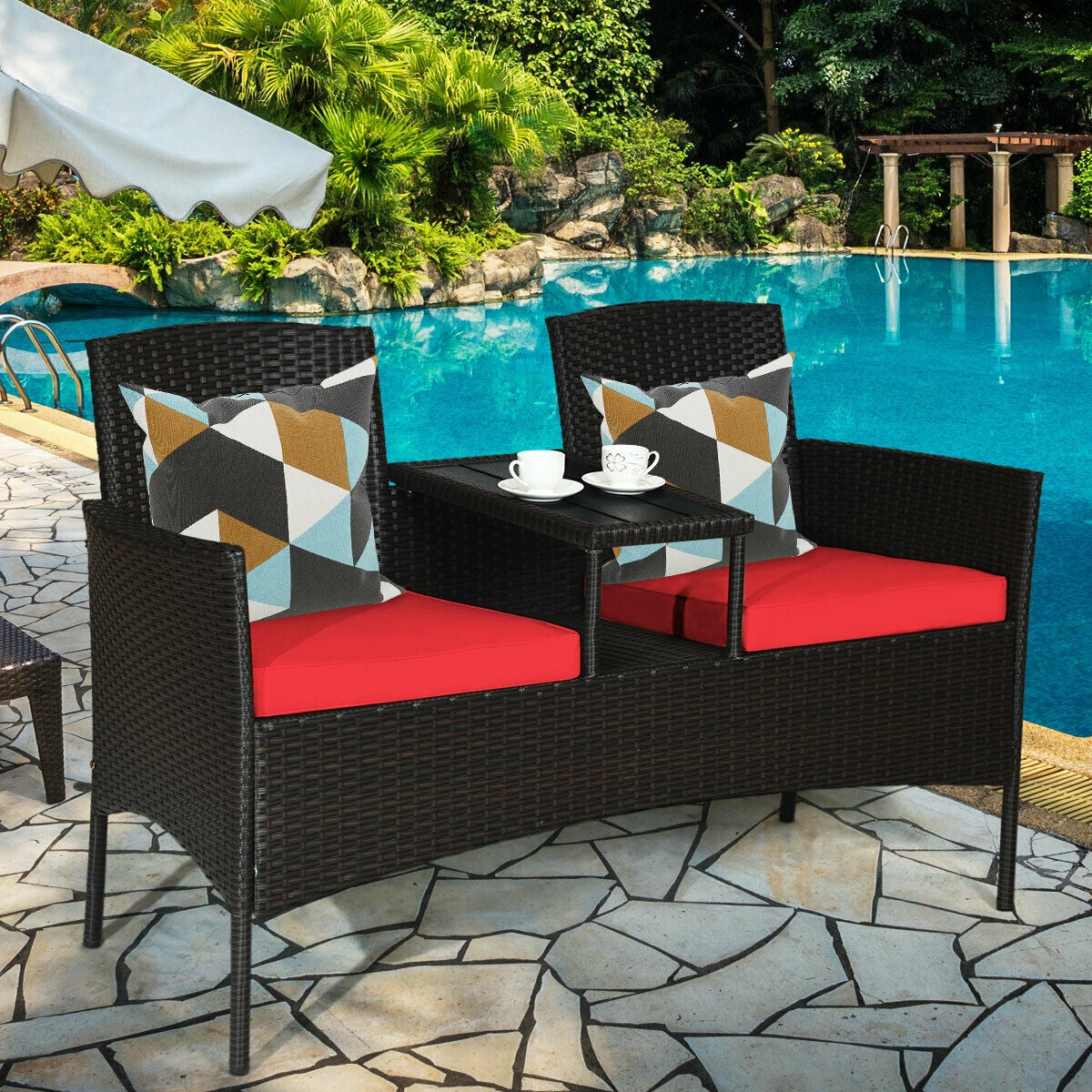 Modern Patio Conversation Set, Built-in Coffee Table, Cushions, Red Patio Conversation Sets at Gallery Canada