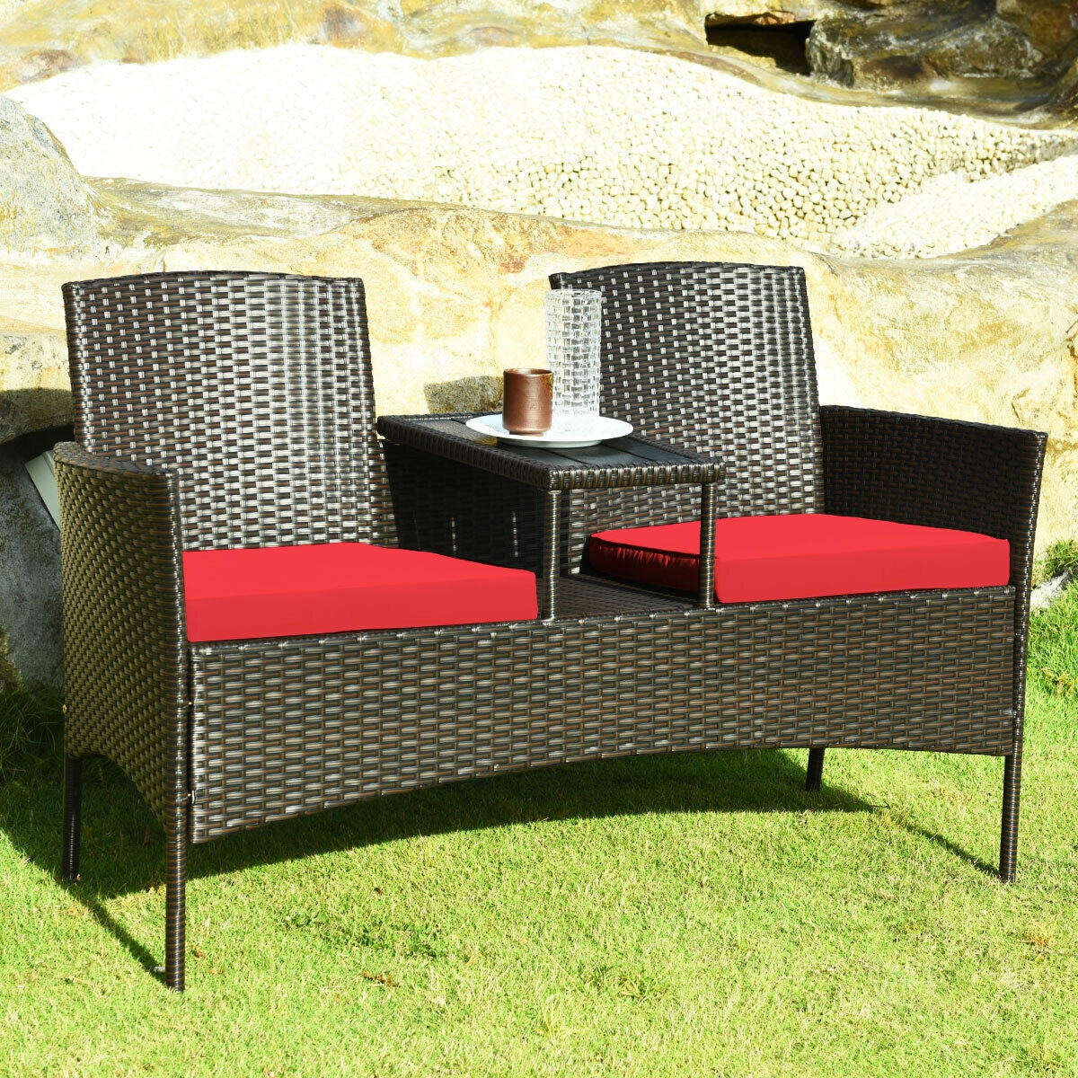 Modern Patio Conversation Set, Built-in Coffee Table, Cushions, Red Patio Conversation Sets at Gallery Canada