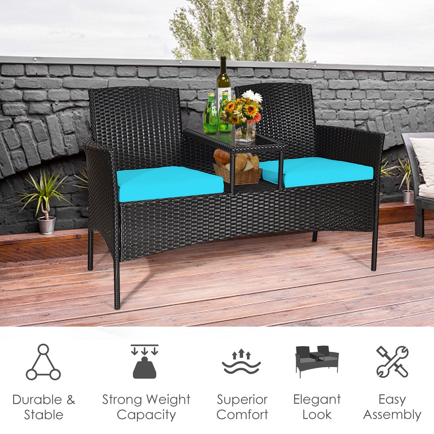 Modern Patio Conversation Set, Built-In Coffee Table, Cushions, Turquoise Patio Conversation Sets at Gallery Canada