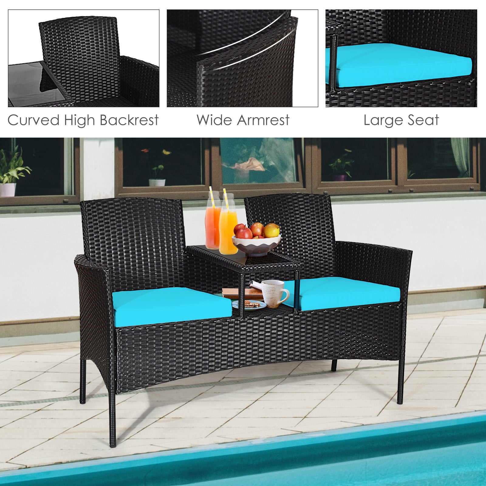Modern Patio Conversation Set, Built-In Coffee Table, Cushions, Turquoise Patio Conversation Sets at Gallery Canada