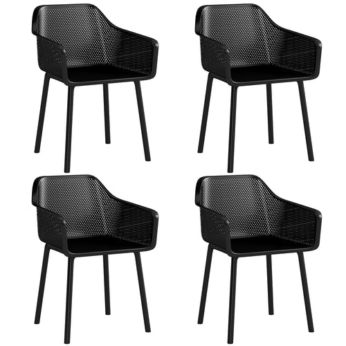 Plastic Dining Chairs, Set of 4, Kitchen Armchairs, Mesh Backrest, Black