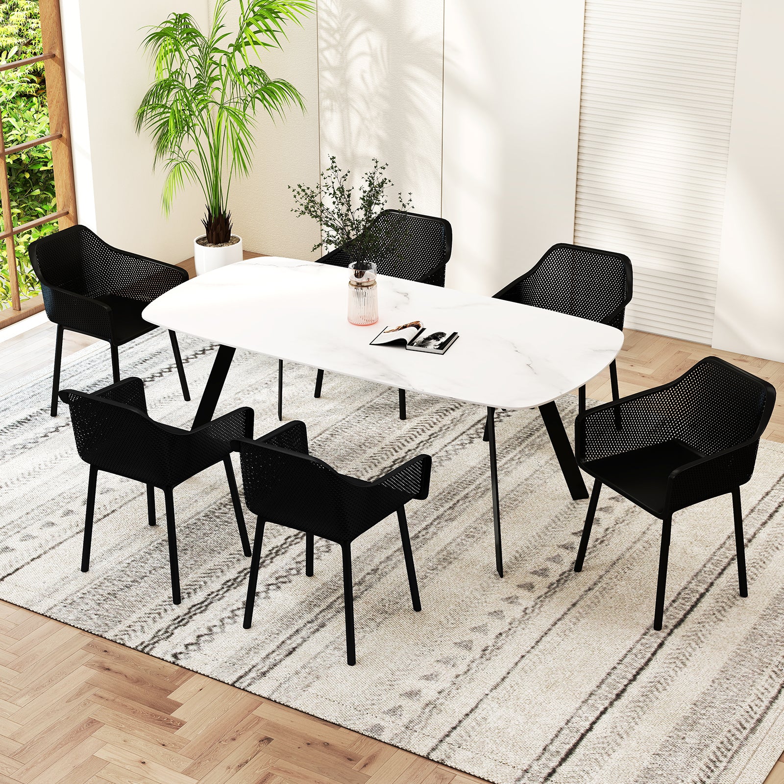 Modern Plastic Dining Chairs Set of 4 Kitchen Armchairs with Breathable Mesh Backrest, Black Dining Chairs at Gallery Canada
